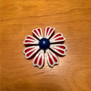 Red and White Enamel Floral Brooch with Blue Center